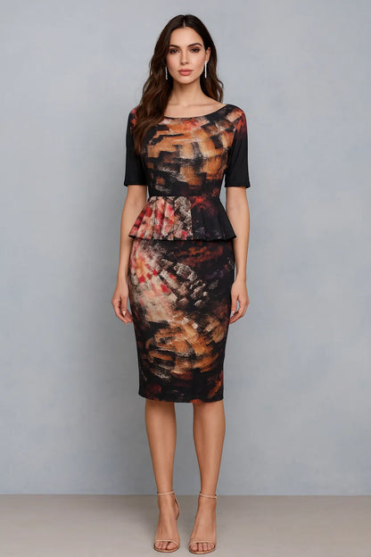 Woman wearing a patterned tango costume against a gray background