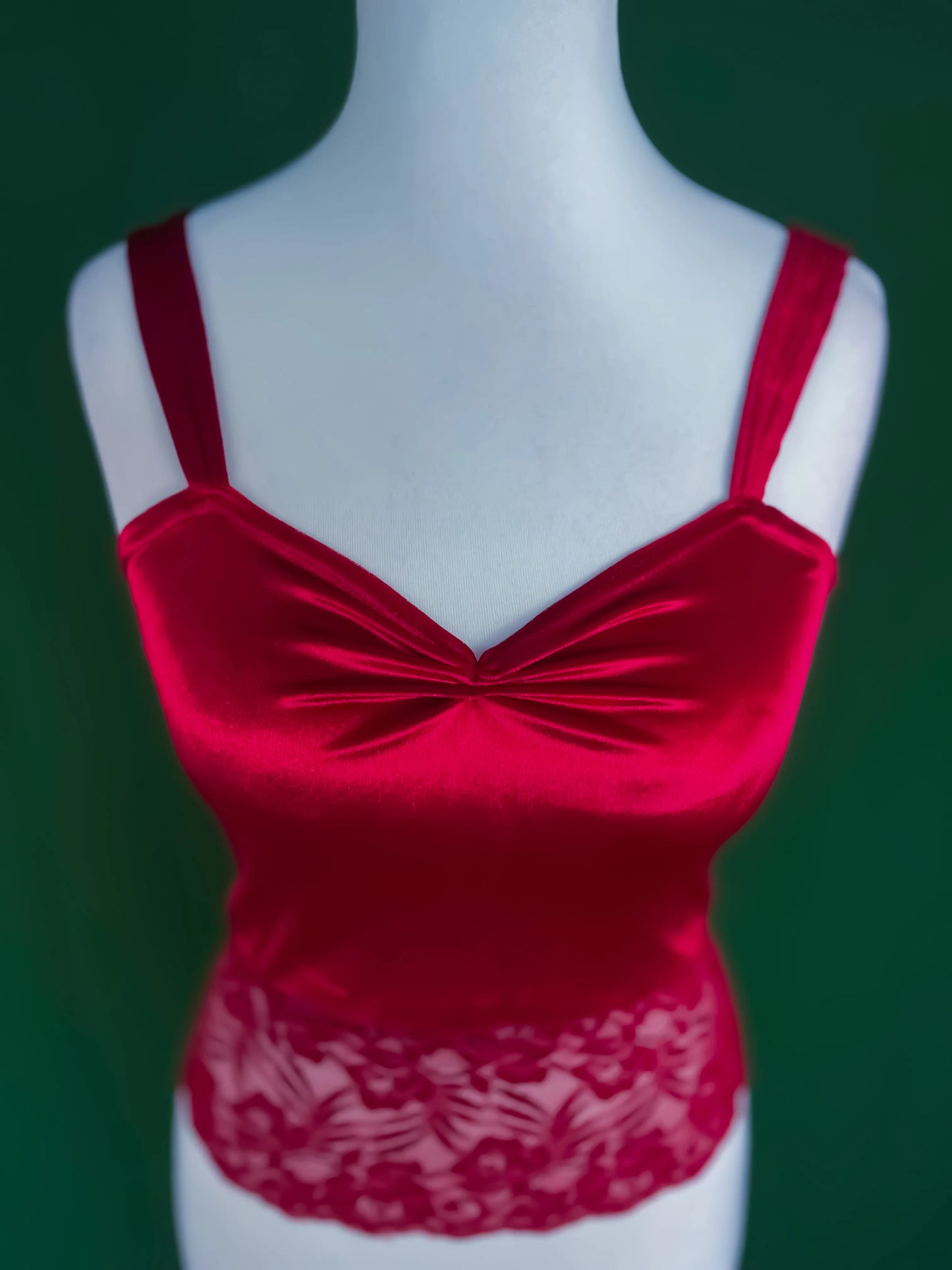 Red velvet tango top with lace hem - one of a kind