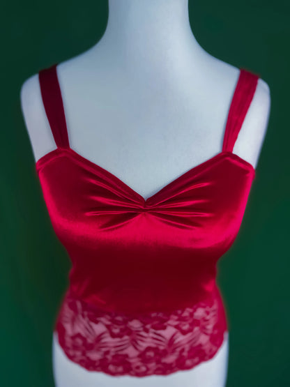 Red velvet tango top with lace hem - one of a kind
