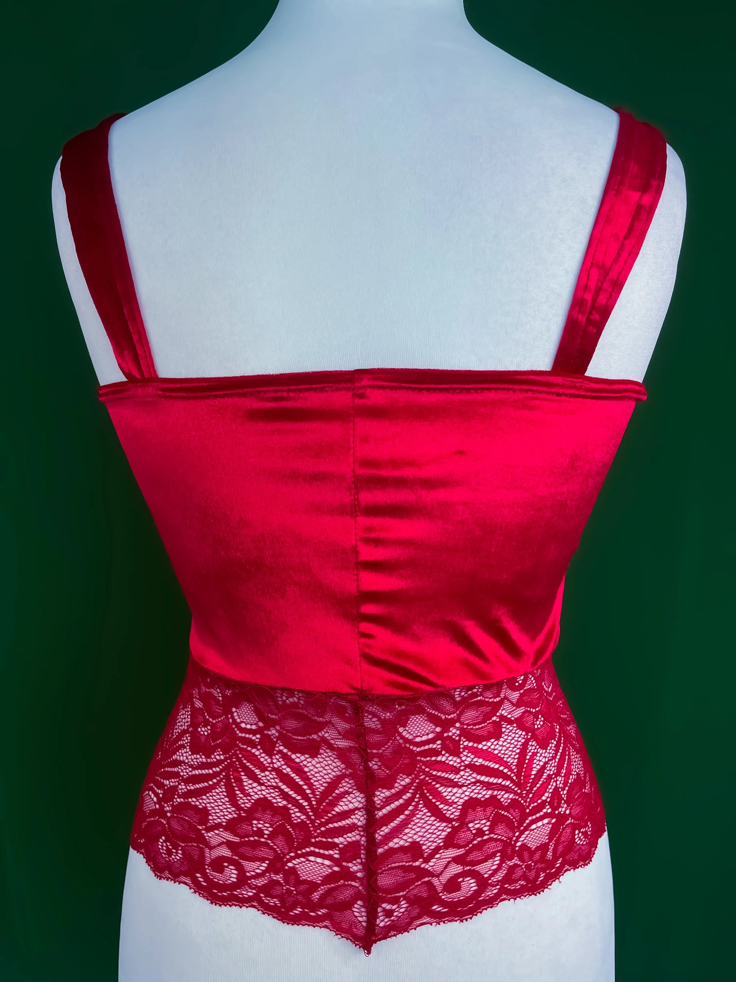 Red velvet tango top with lace hem - one of a kind