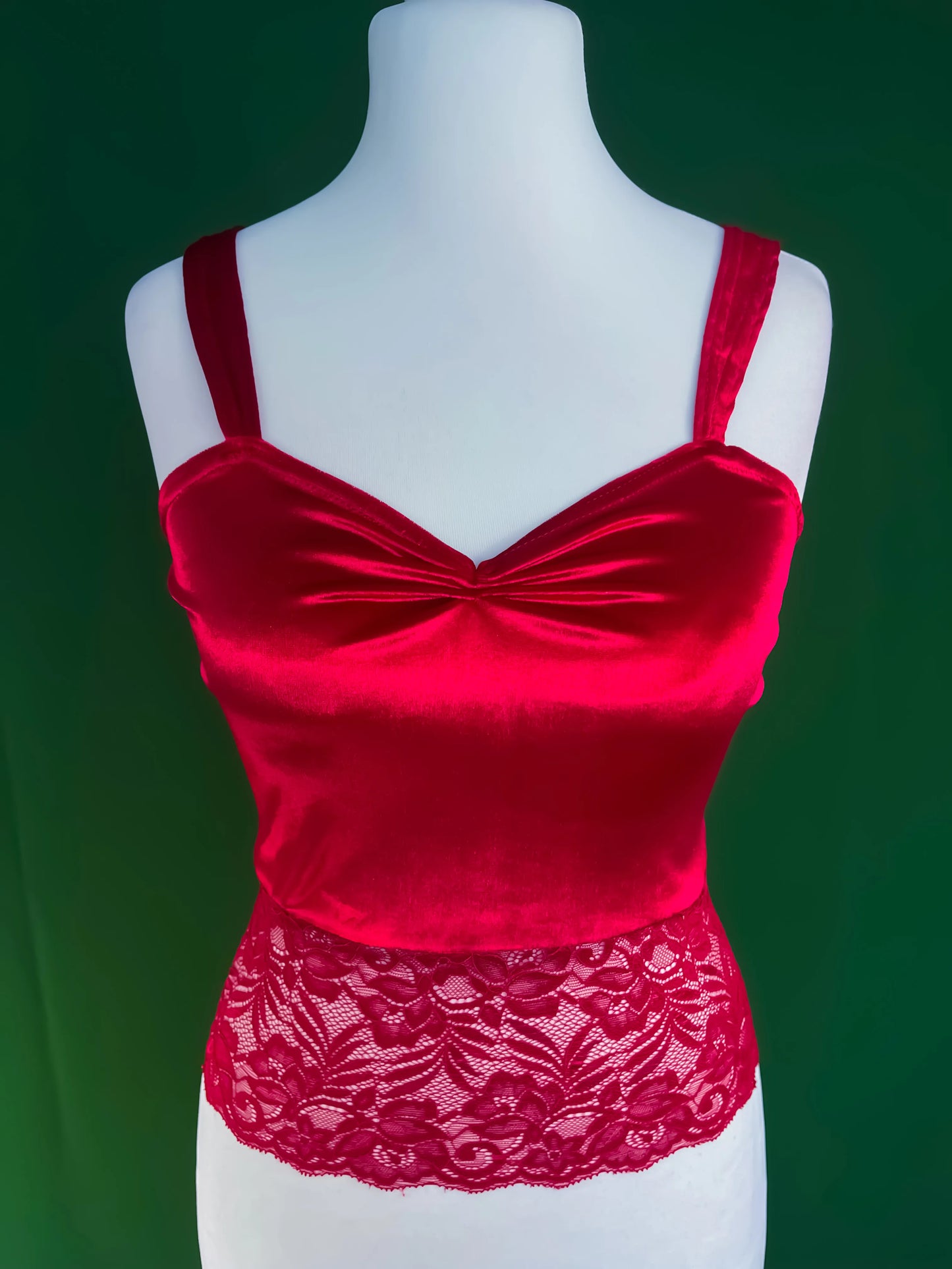 Red velvet tango top with lace hem - one of a kind