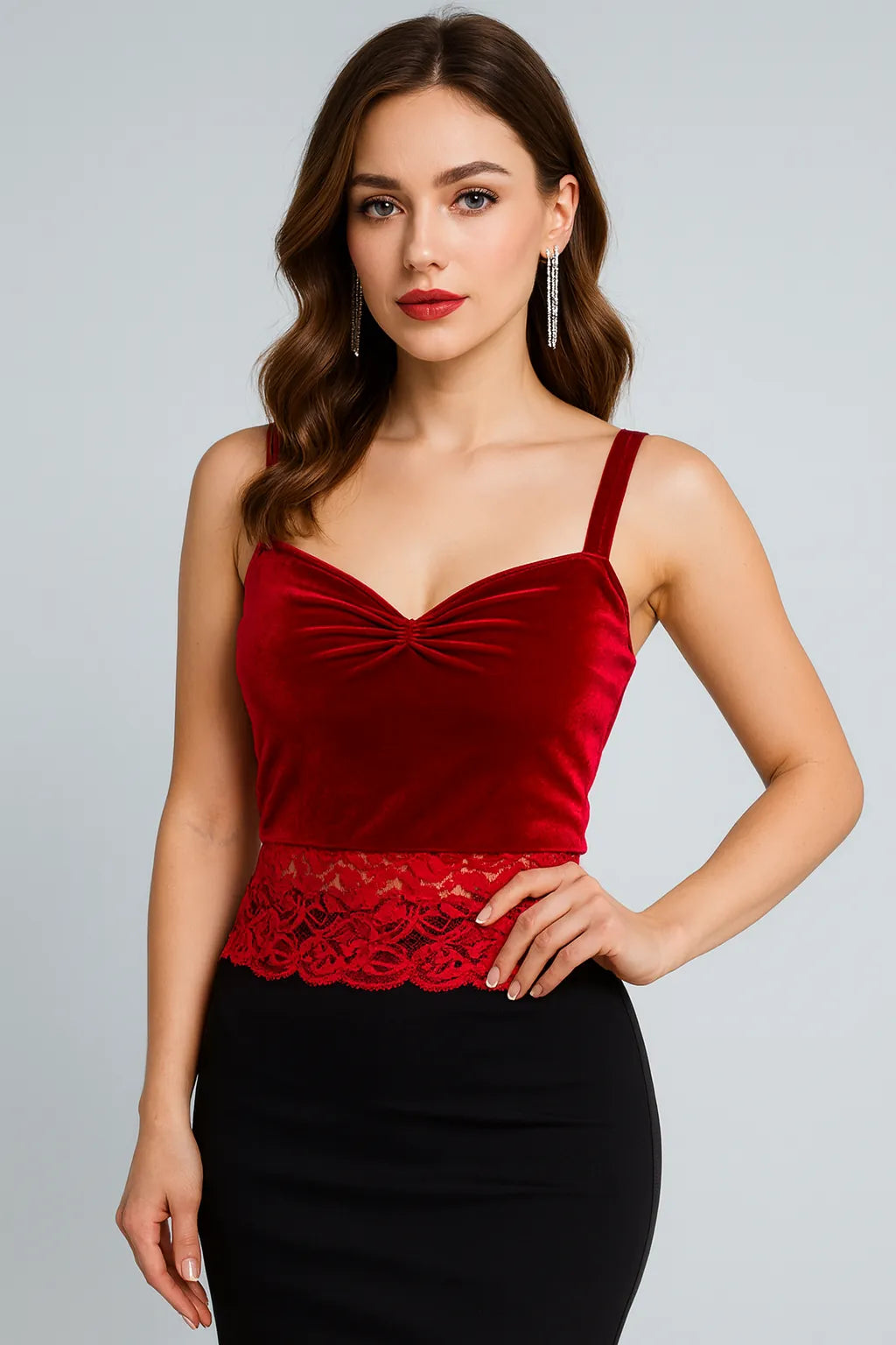 Red velvet tango top with lace hem - one of a kind
