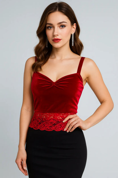 Red velvet tango top with lace hem - one of a kind