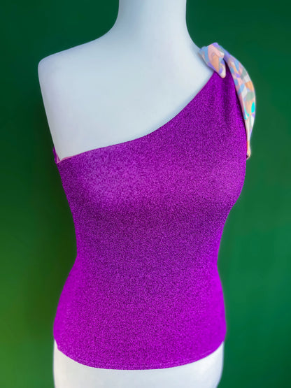 Shimmering one-shoulder tango top with bow detail