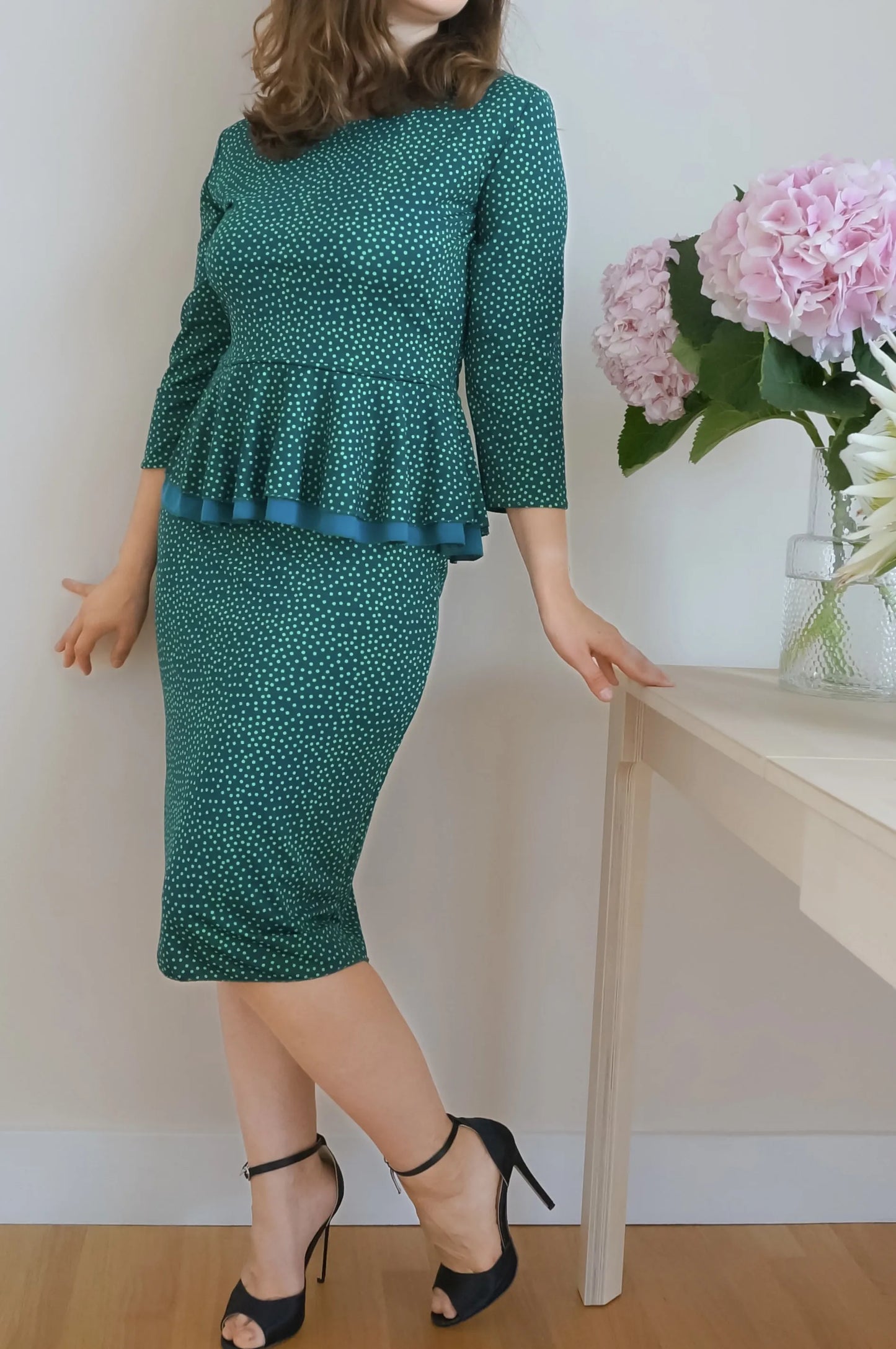 Peplum tango top in green polka dots - one of a kind