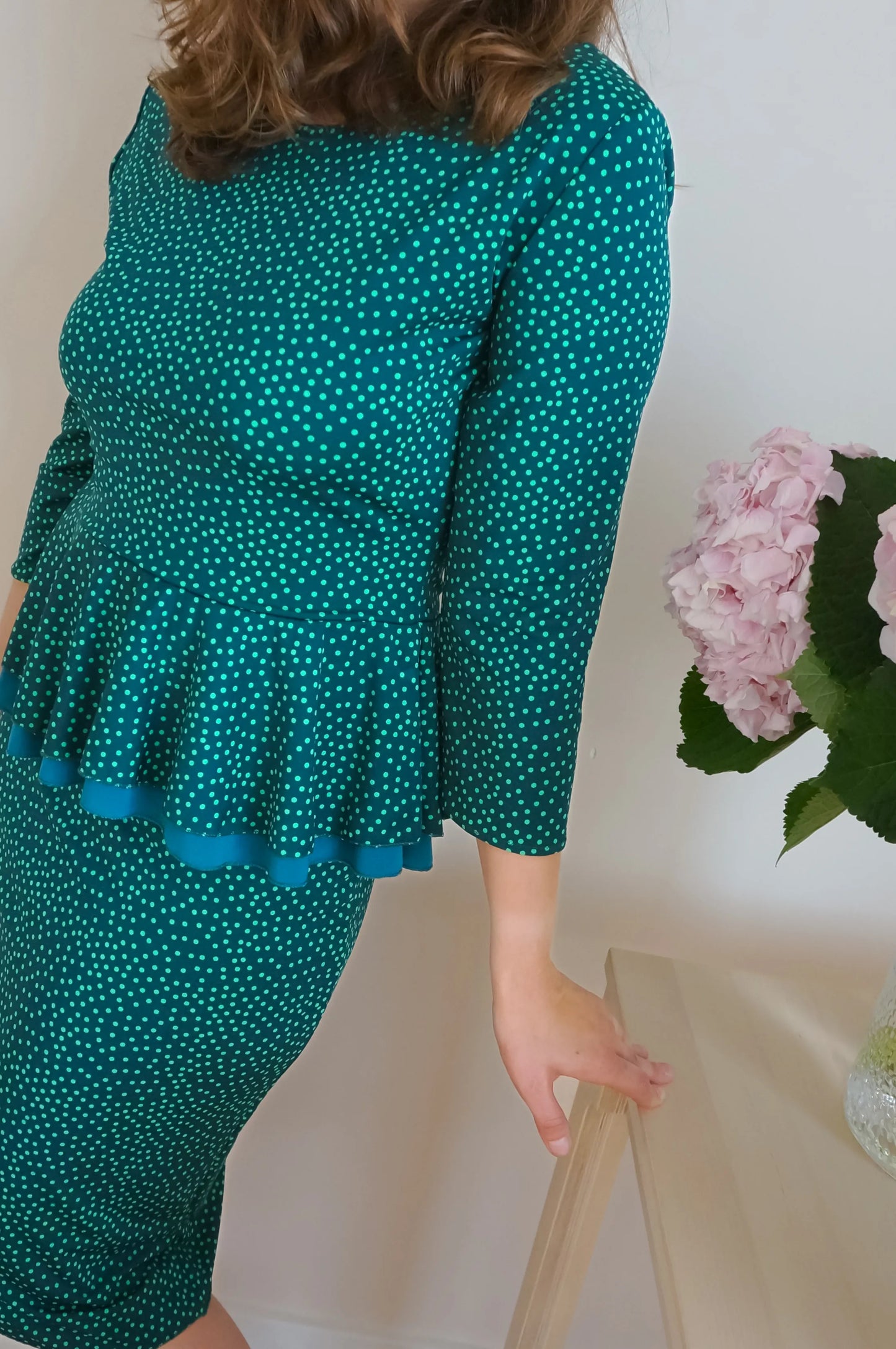 Peplum tango top in green polka dots - one of a kind
