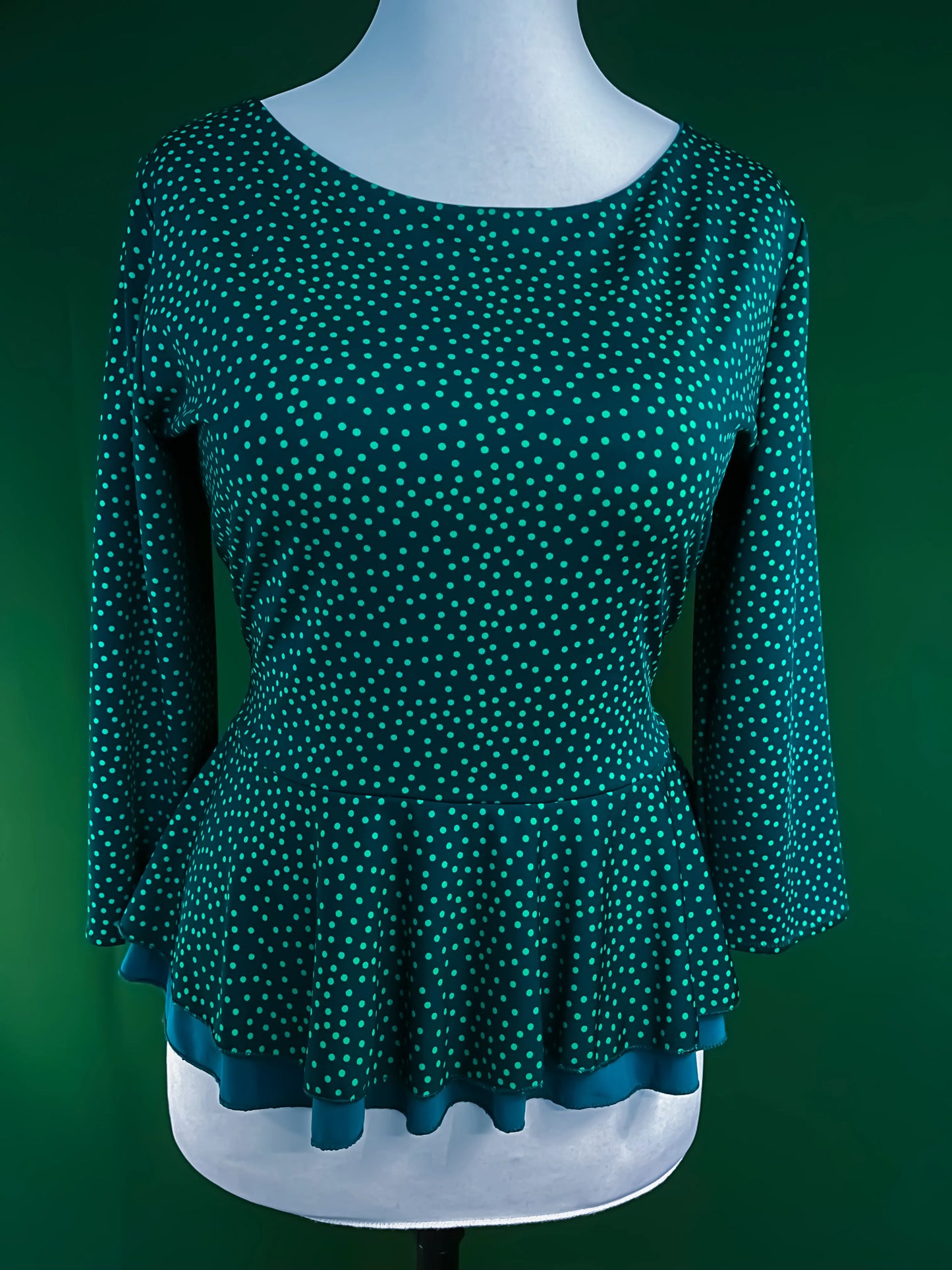 Peplum tango top in green polka dots - one of a kind