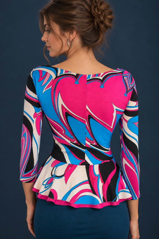 Back view of a colorful abstract print viscose jersey tango top with three-quarter sleeves and a flared peplum.