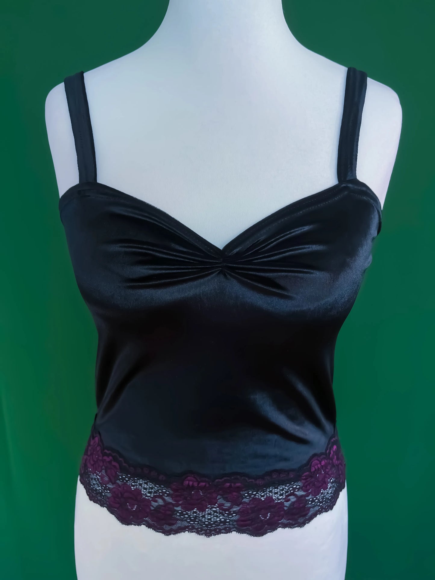 Black velvet tango top with lace trim