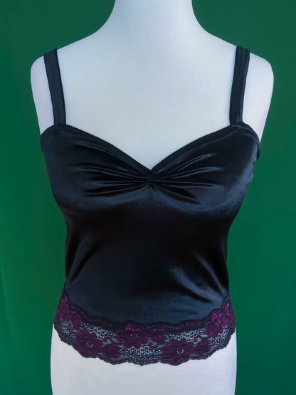 Black velvet tango top with lace trim