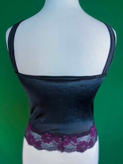 Black velvet tango top with lace trim