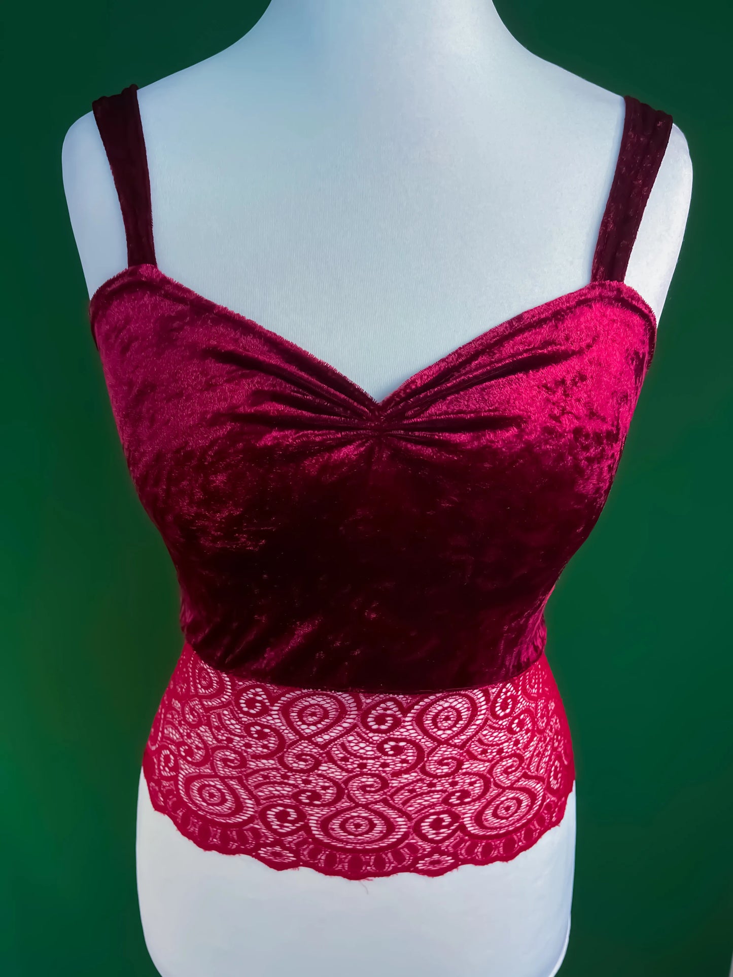 Red velvet tango top with wide lace hem