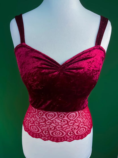 Red velvet tango top with wide lace hem
