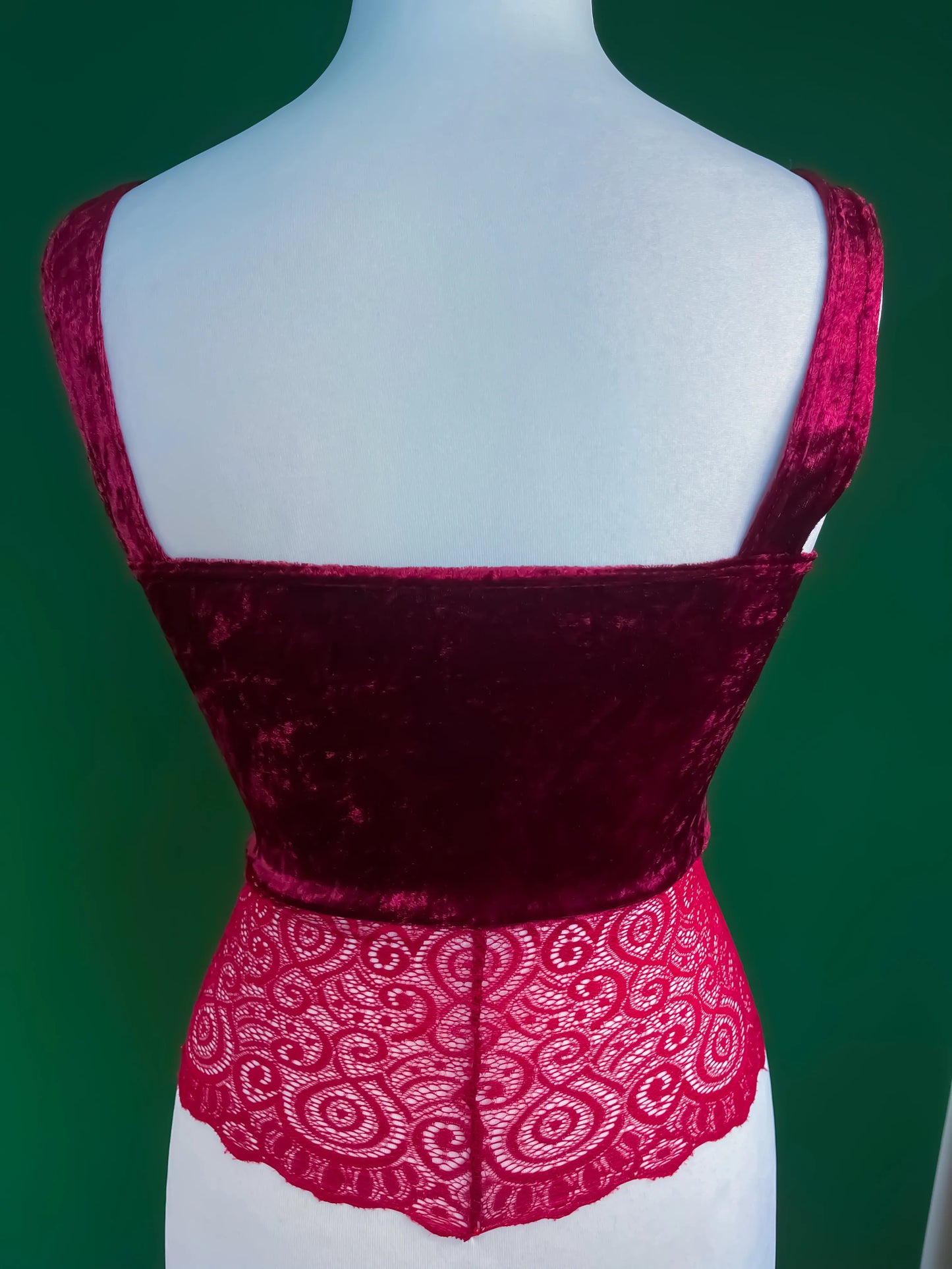 Red velvet tango top with wide lace hem