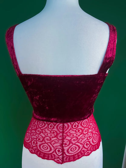 Red velvet tango top with wide lace hem