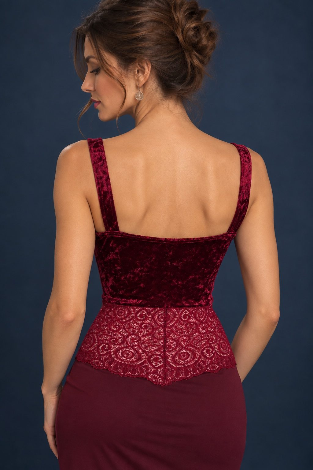 Back view of a burgundy crushed velvet tango top with wide straps, square open back and elastic lace at the waist.