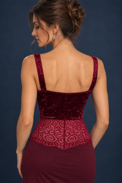 Back view of a burgundy crushed velvet tango top with wide straps, square open back and elastic lace at the waist.