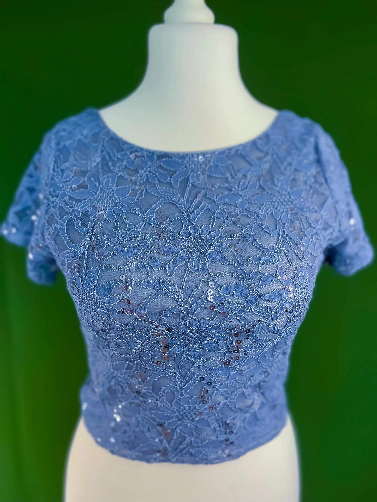 Feminine sparkling lace tango top with semi-open back