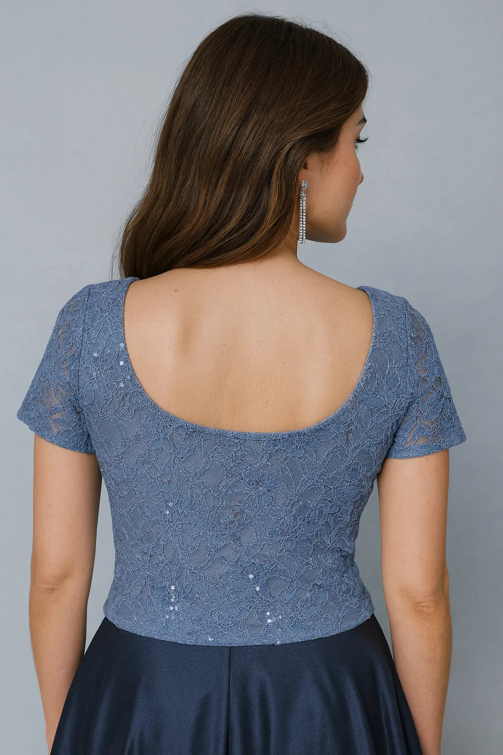 Feminine sparkling lace tango top with semi-open back