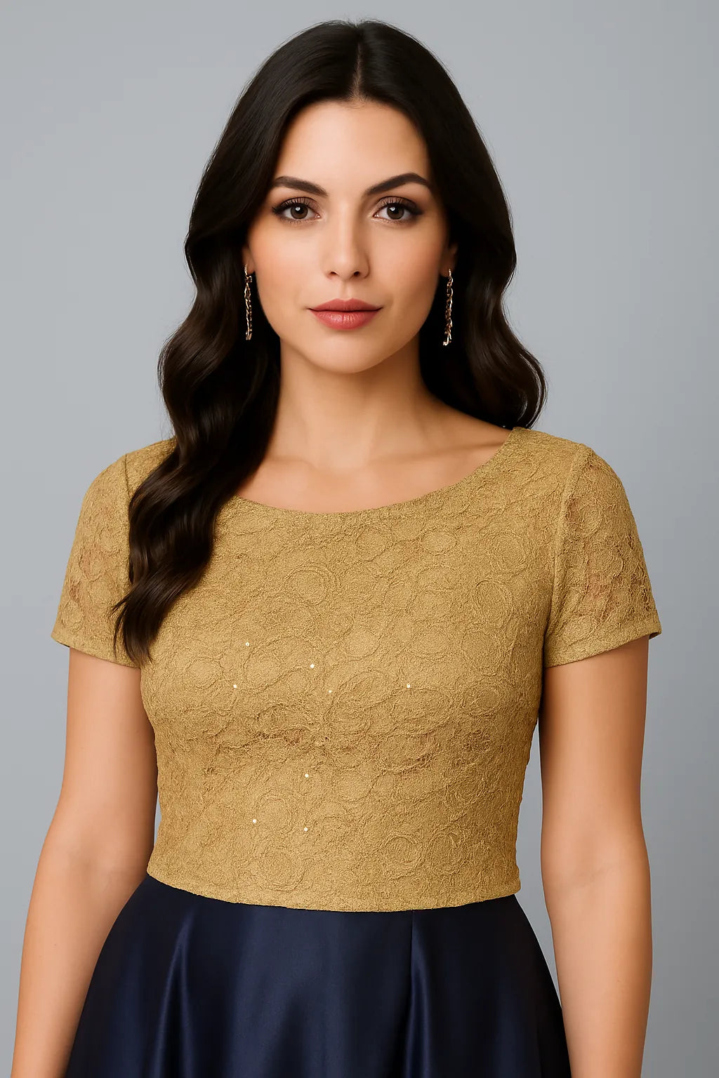 Feminine sparkling lace tango top with semi-open back