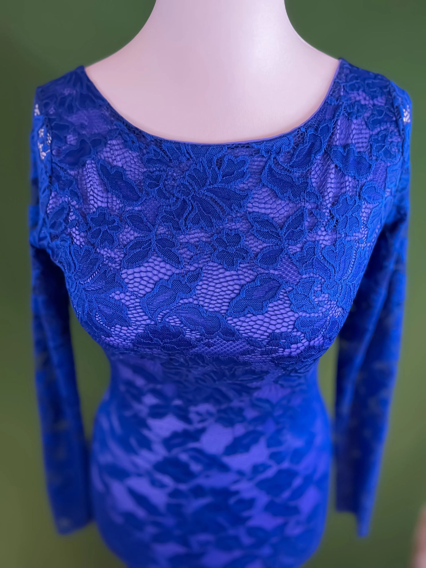 Royal blue lace tango dress with fishtail back