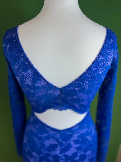 Royal blue lace tango dress with fishtail back
