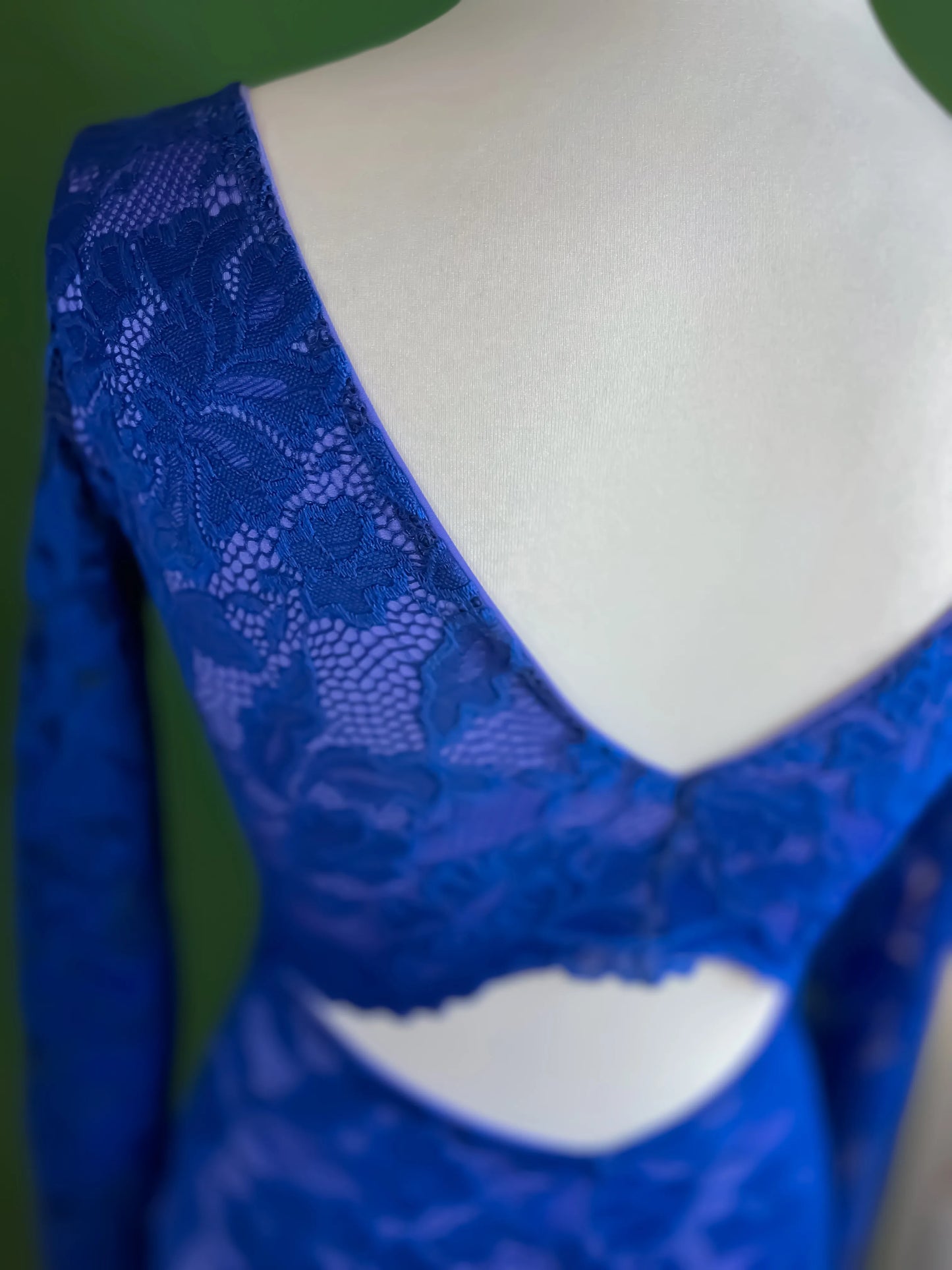 Royal blue lace tango dress with fishtail back