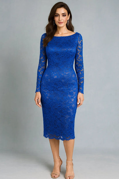 Woman wearing a blue lace tango dress against a gray background