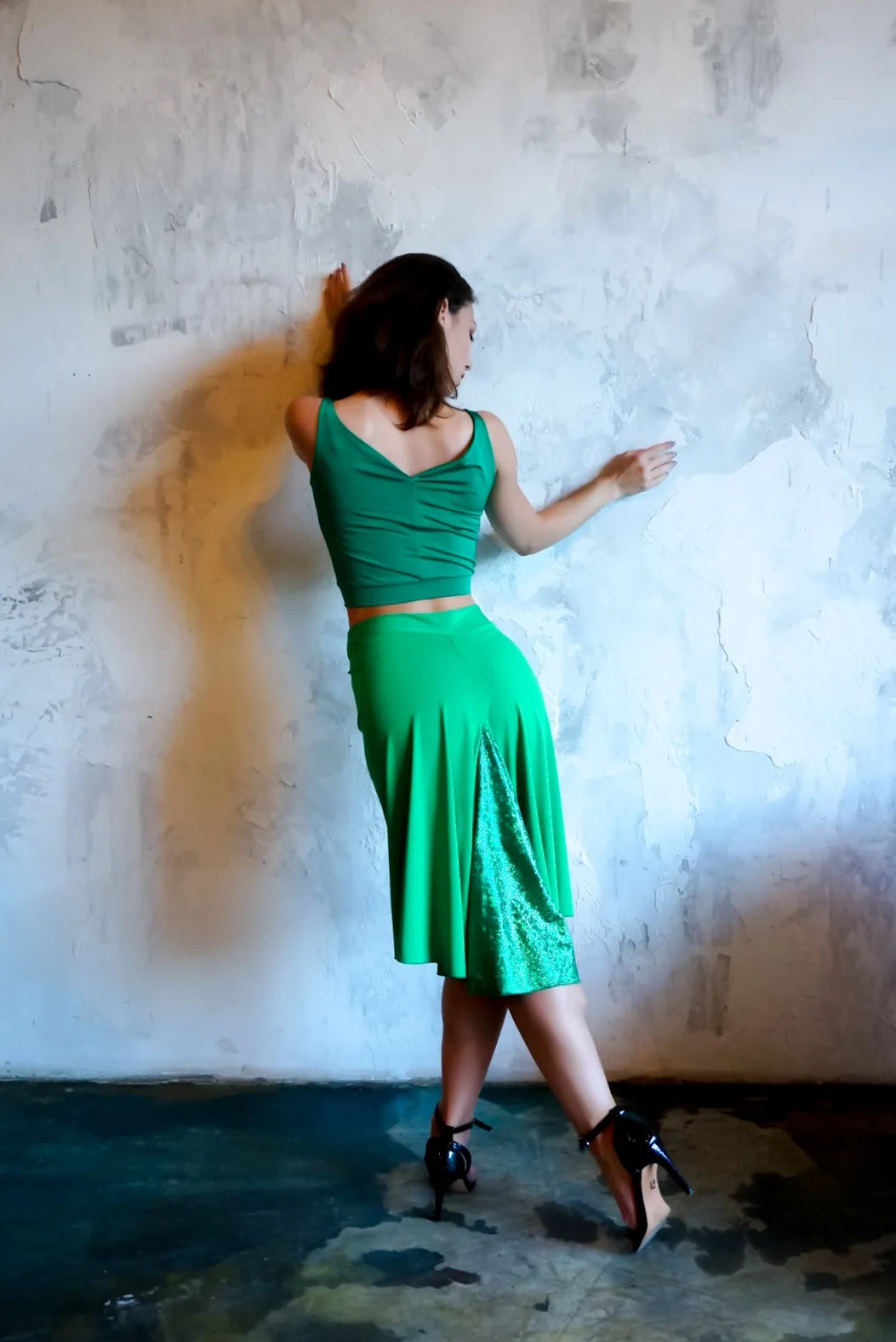 Vibrant green tango skirt with shimmering fishtail