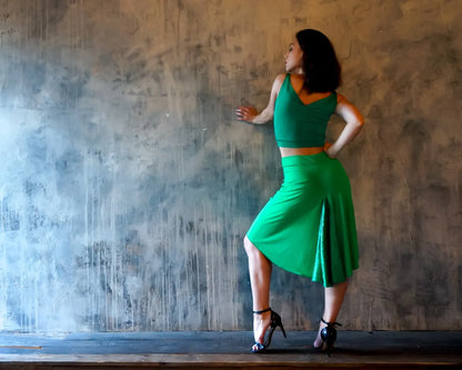 Vibrant green tango skirt with shimmering fishtail