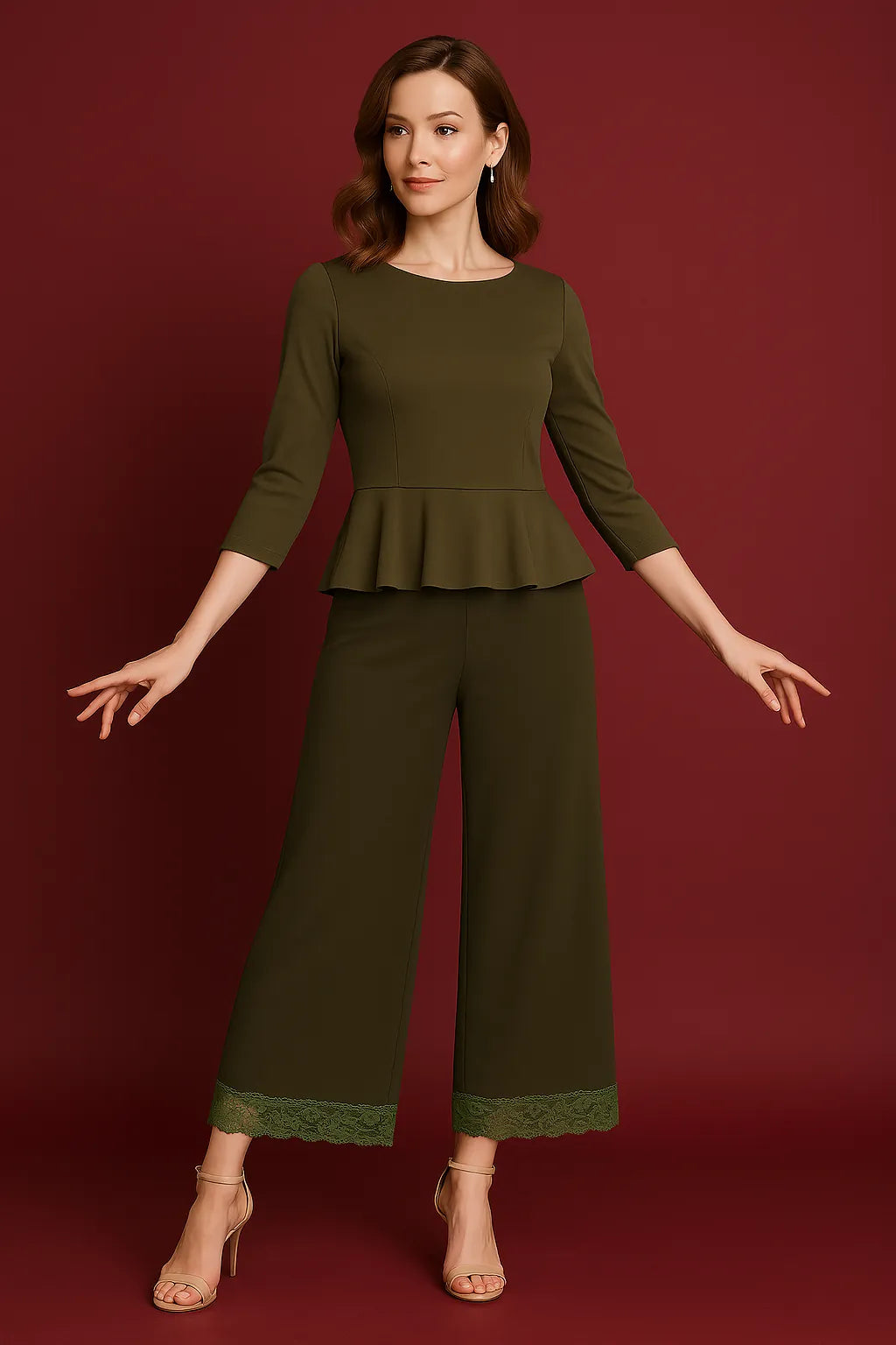 Unique khaki tango pants with green lace trim