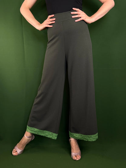 Unique khaki tango pants with green lace trim