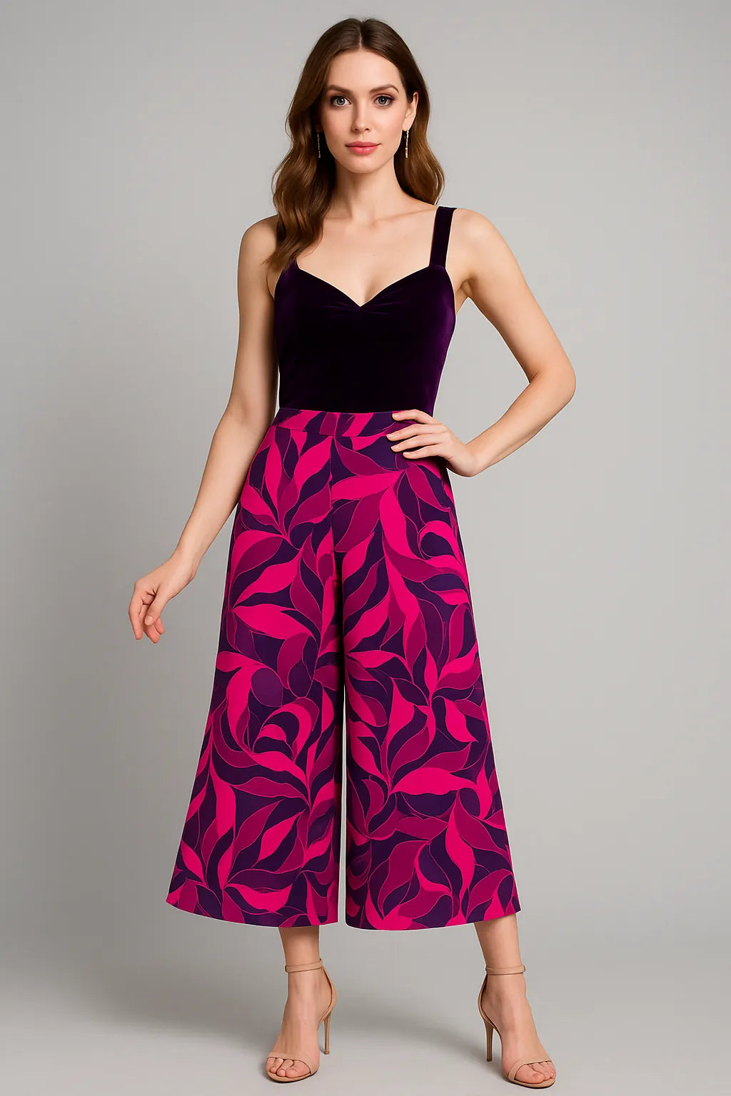 Woman wearing a purple and pink patterned tango pants