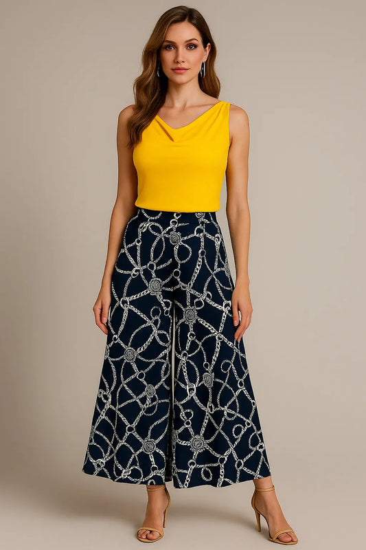Pantalon de tango fluide à jambes larges bleu marine avec imprimé chaîne