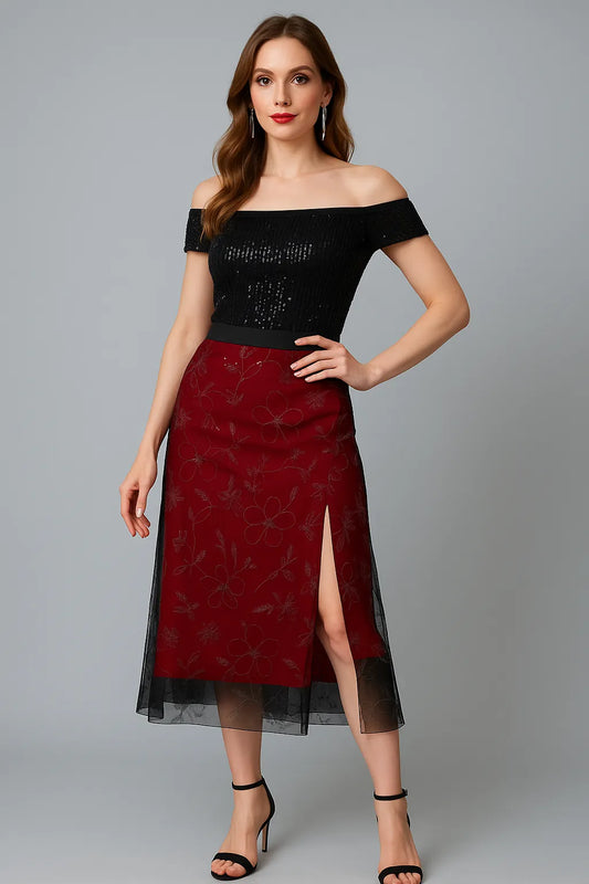 Jupe de tango élégante en maille noire avec superposition florale