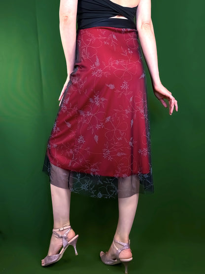 Elegant black mesh tango skirt with floral overlay