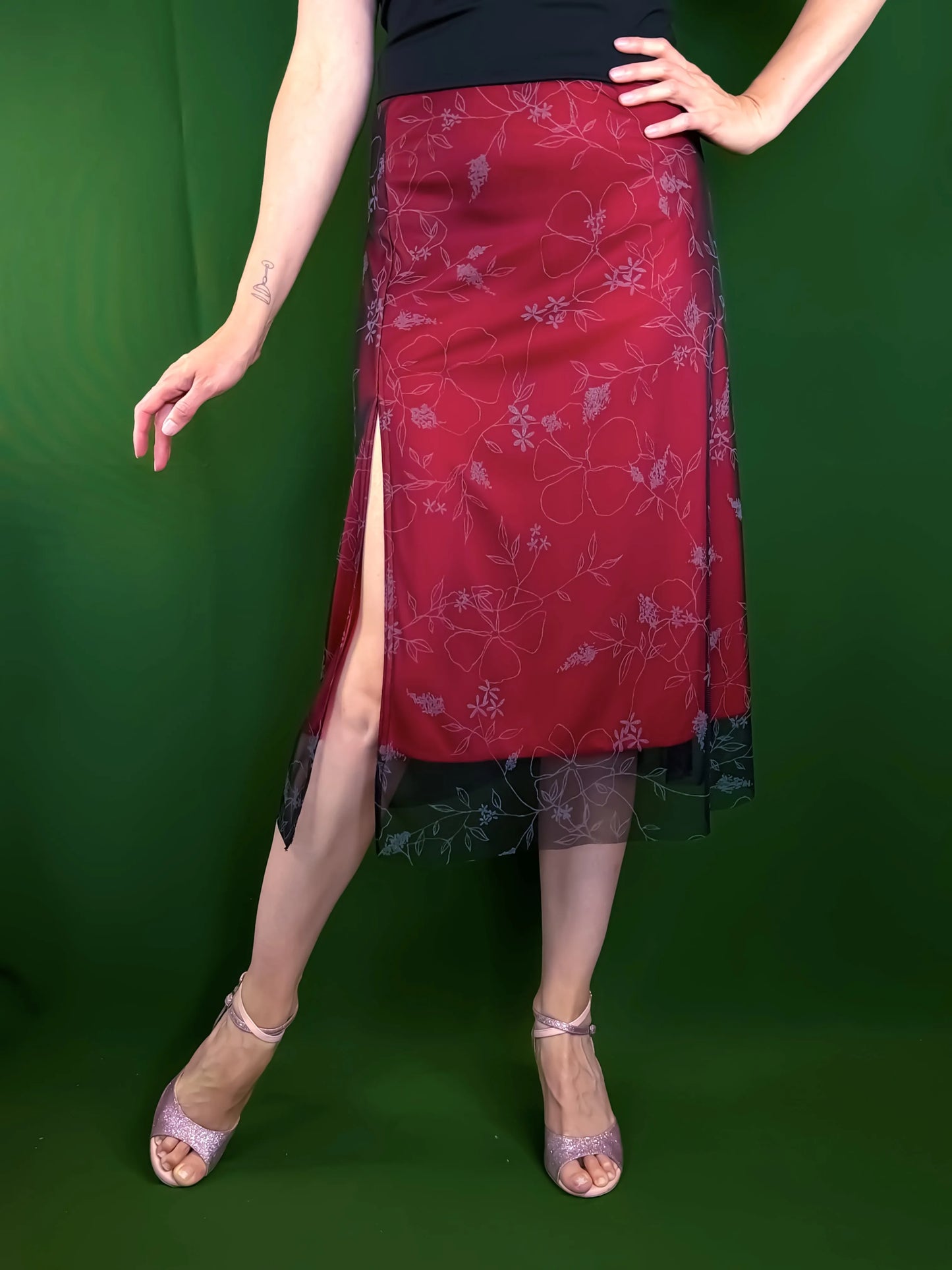 Elegant black mesh tango skirt with floral overlay