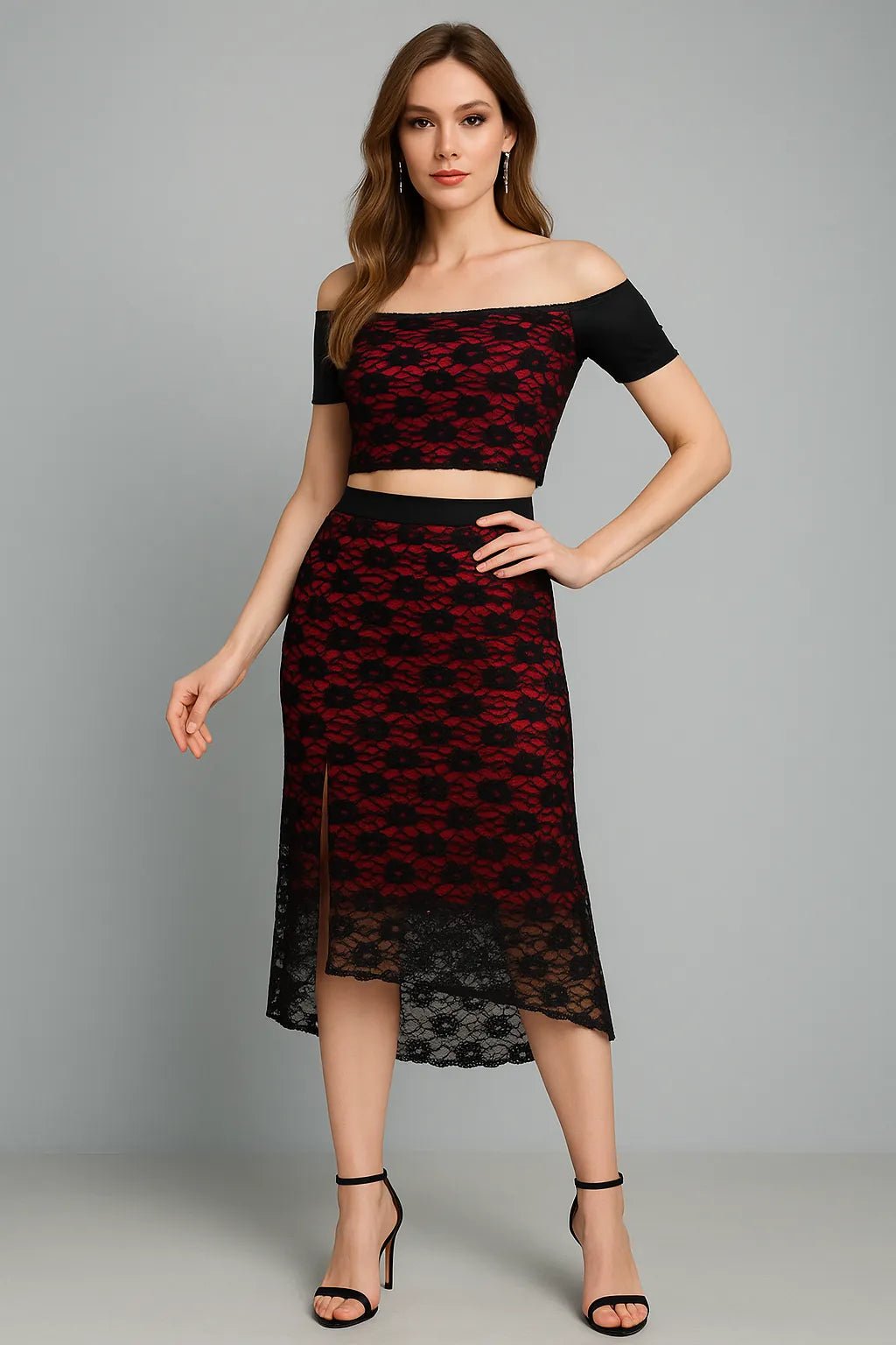 Woman wearing a black and red patterned two-piece tango outfit on a gray background