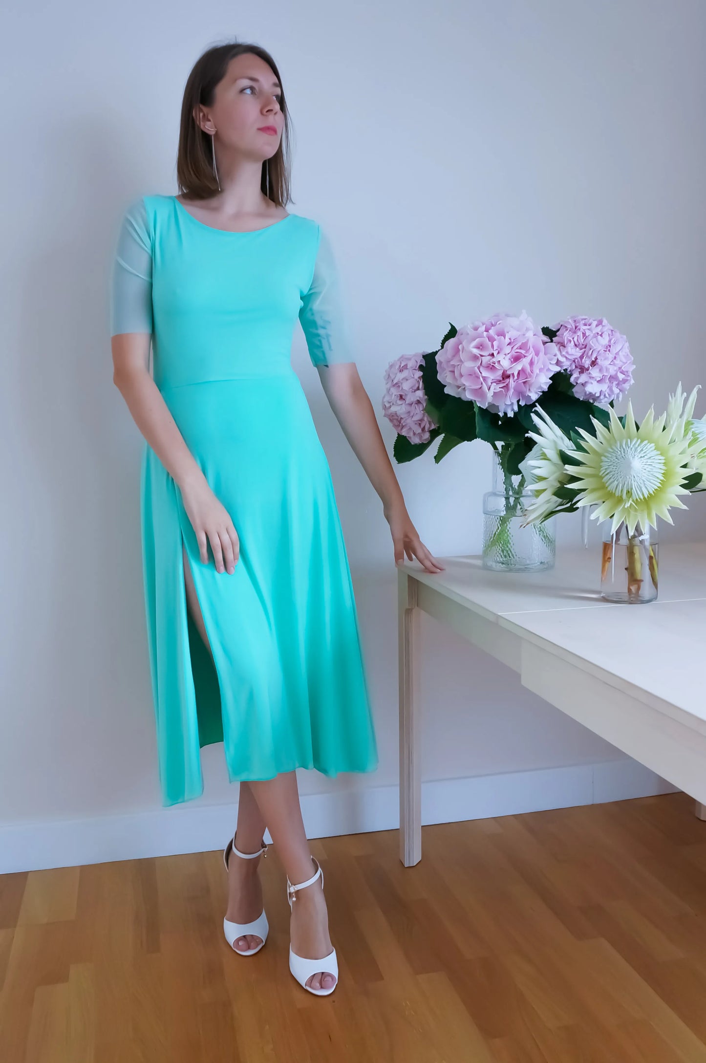Exclusive tiffany jersey dress with back godet