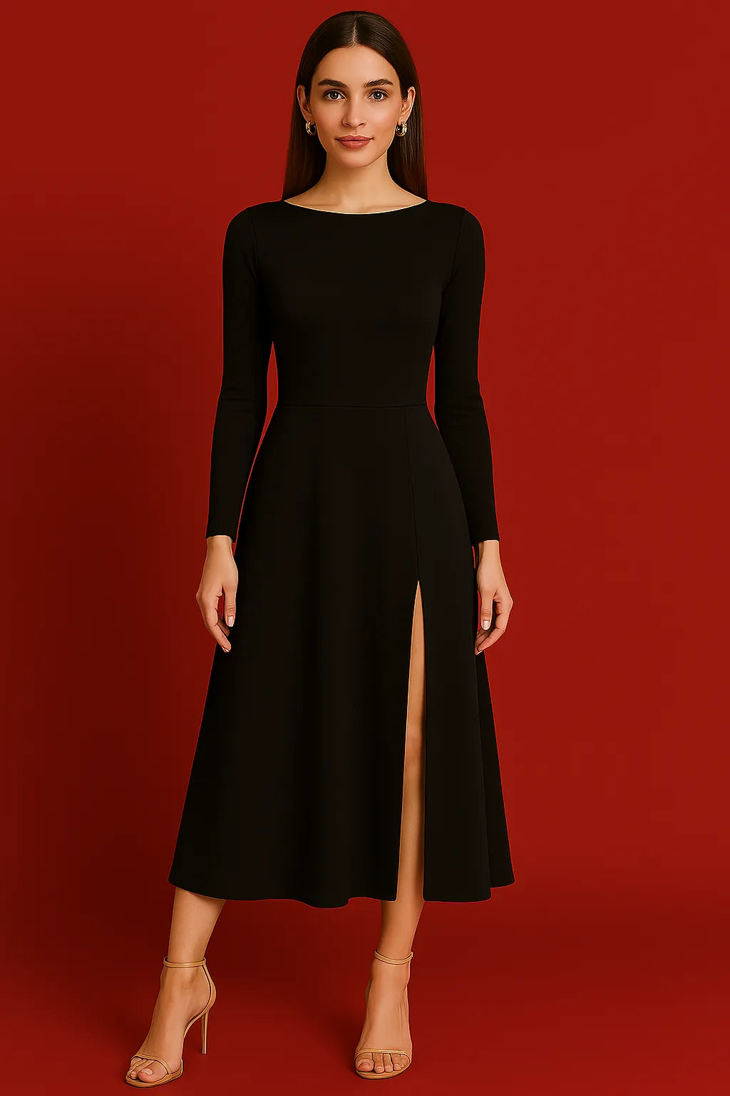 Woman wearing a black tango dress with a slit on a red background