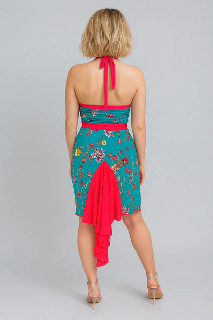 Playful viscose tango dress with voluminous back tail