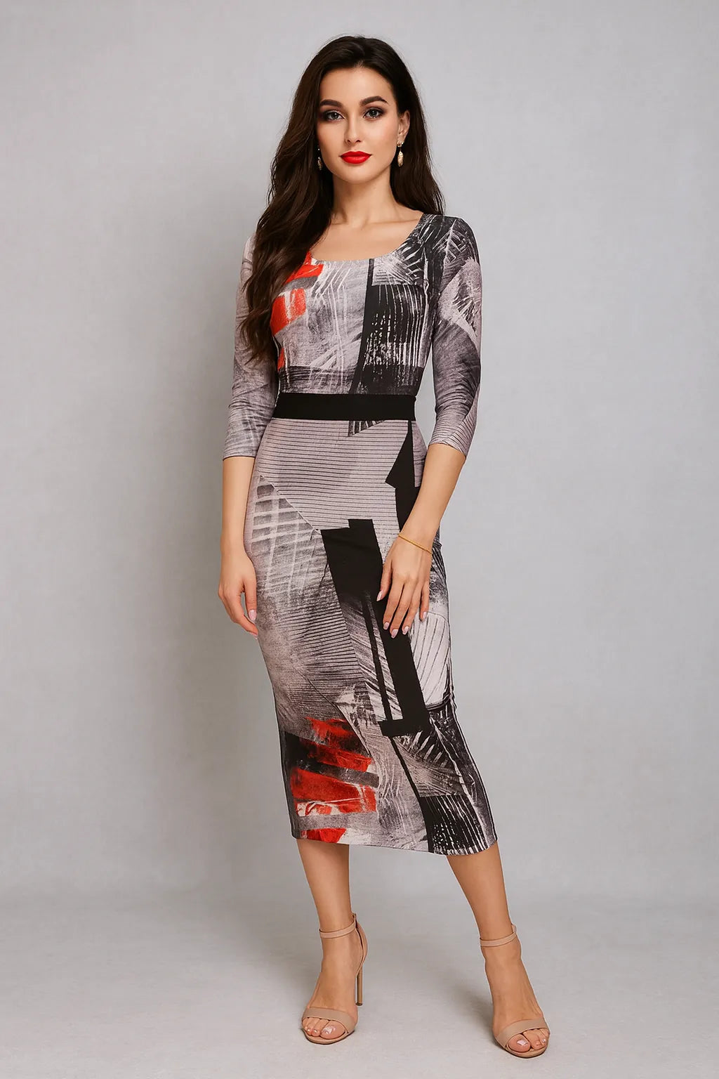 Woman wearing a patterned tango dress on a plain background