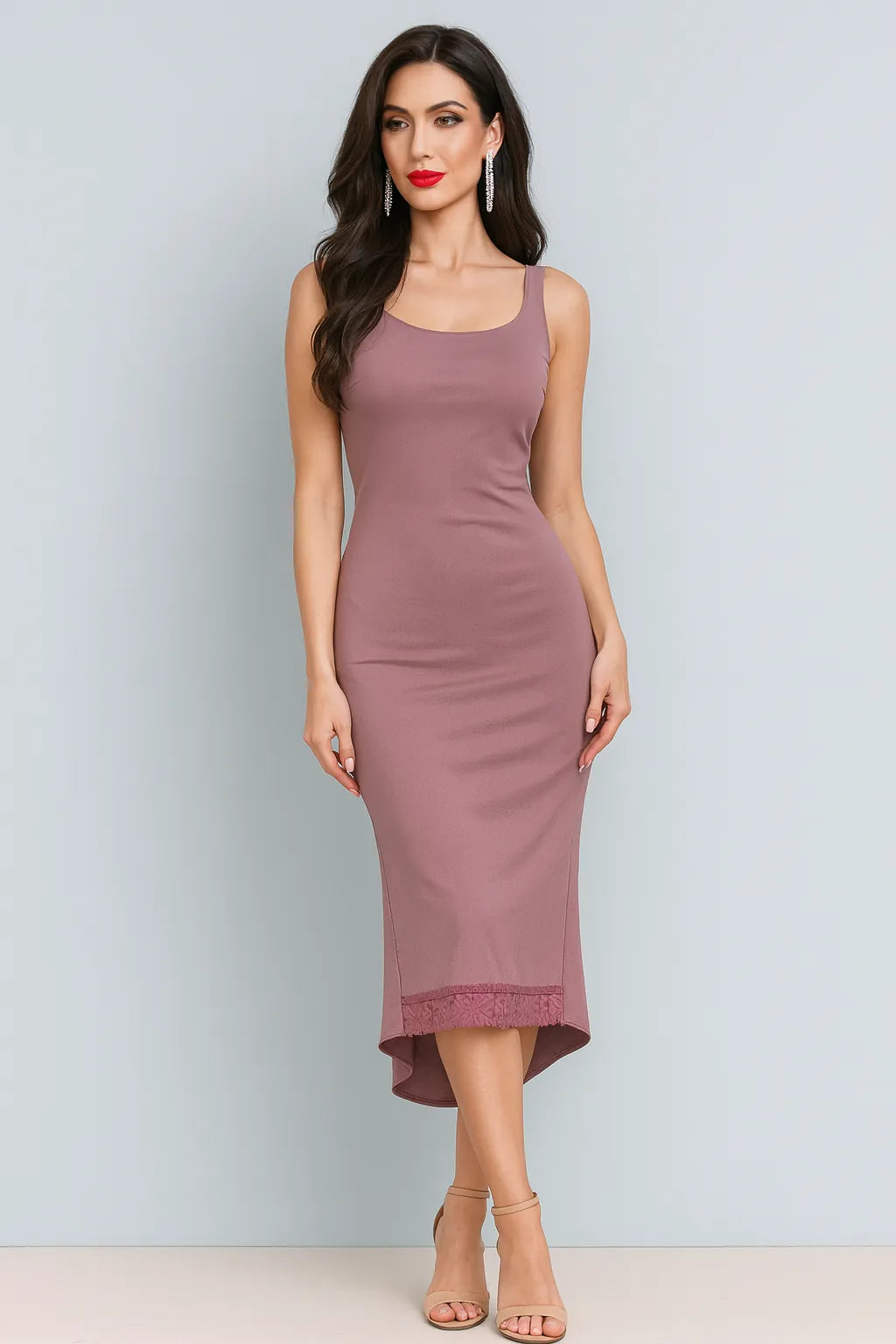 Dusty violet tango dress with lace-trimmed flared tail