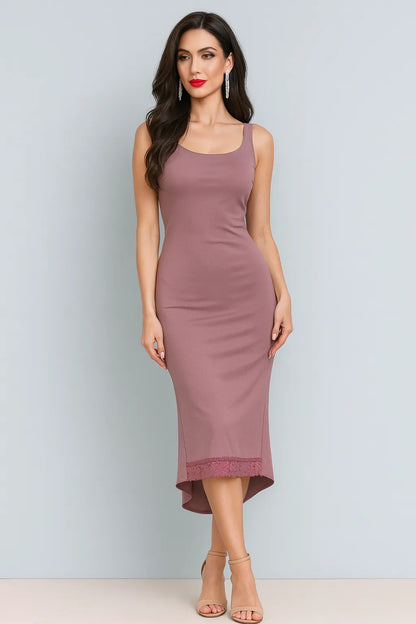 Dusty violet tango dress with lace-trimmed flared tail