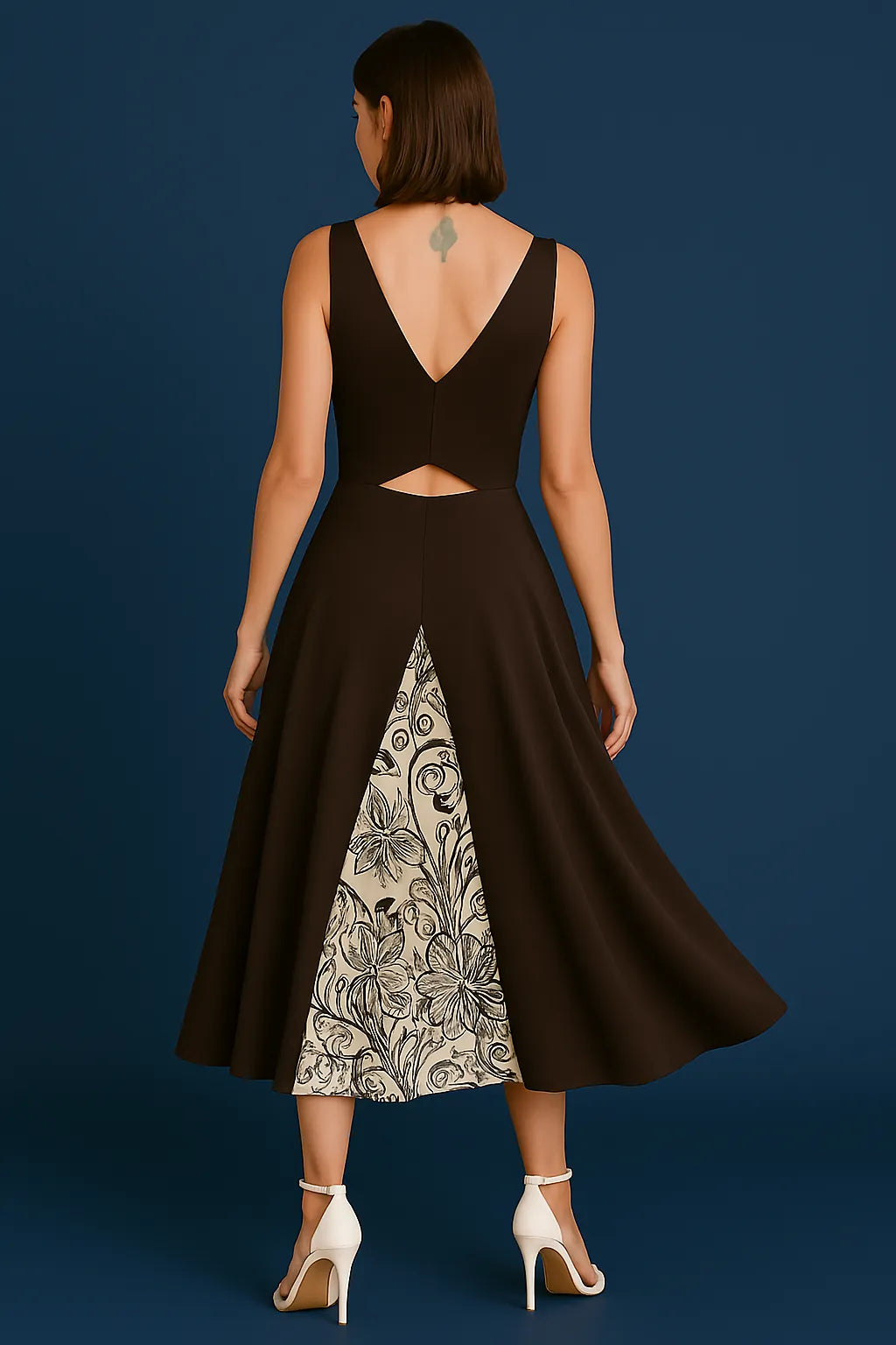 Woman wearing a black tango dress with a cutout back and floral patterned panel on a dark blue background