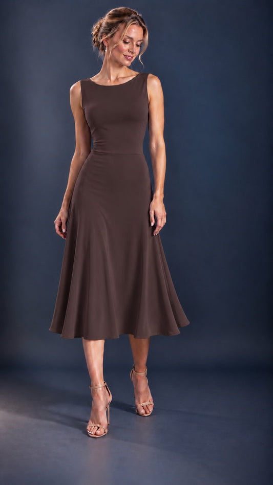 Front view of a chocolate brown women’s tango dress in silky stretch jersey with a sleeveless design and flowing midi skirt, designed for Argentine tango dancing.