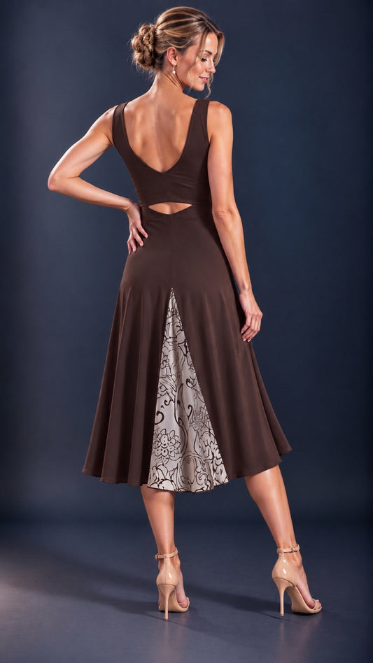 Back view of a chocolate brown women’s tango dress with an open-back cutout and contrasting printed satin panel in the flowing skirt.