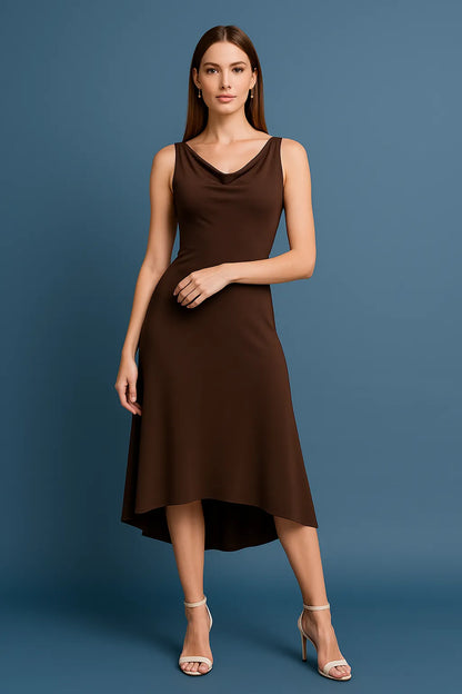 Woman wearing a brown tango dress against a blue background