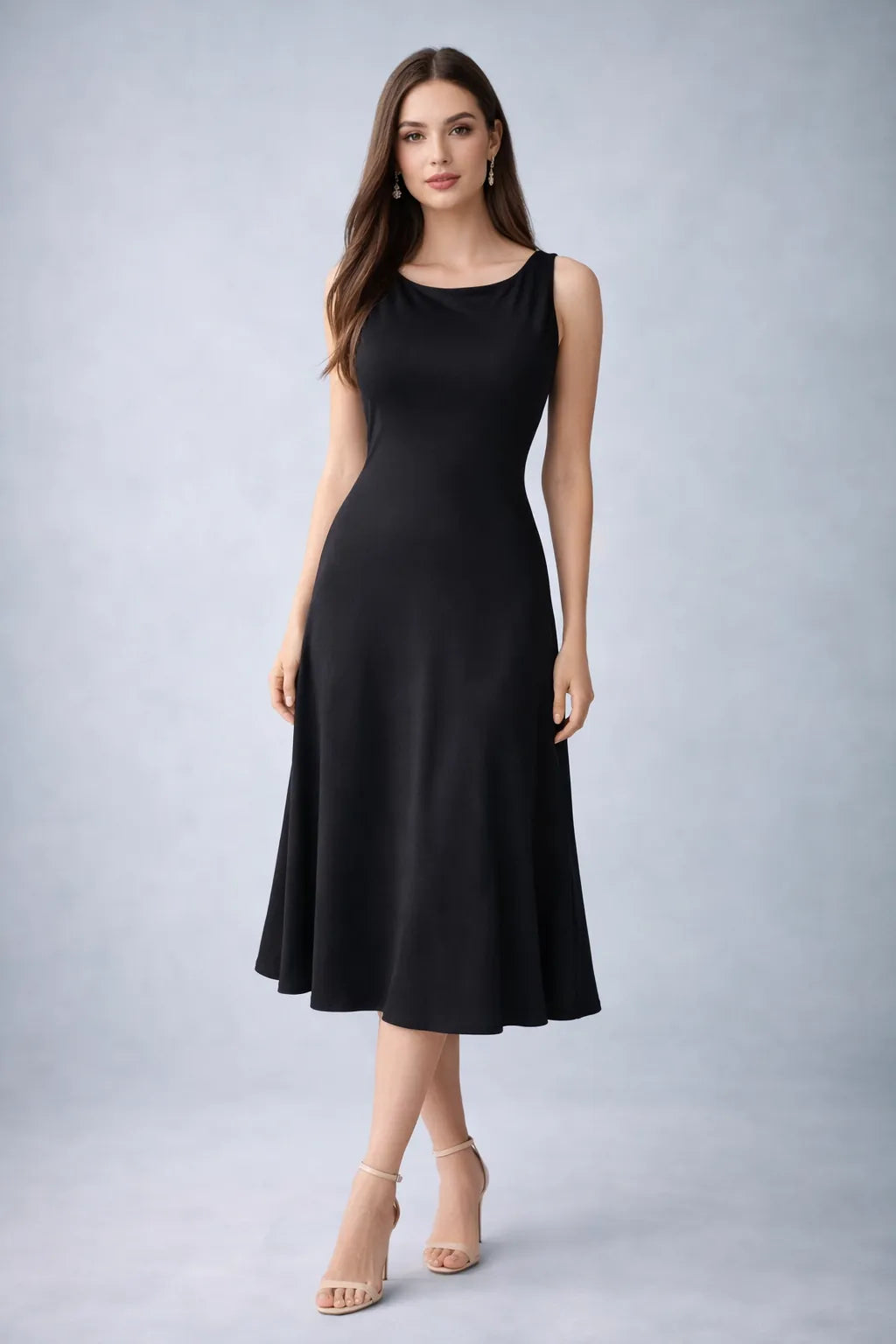 Woman wearing a black sleeveless tango dress