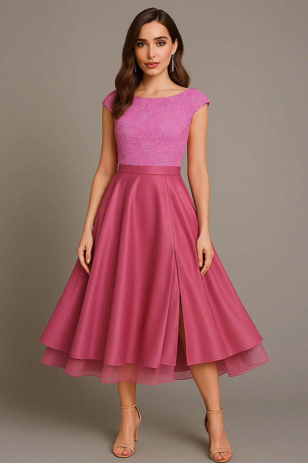 Woman wearing a pink tango skirt with a plain background